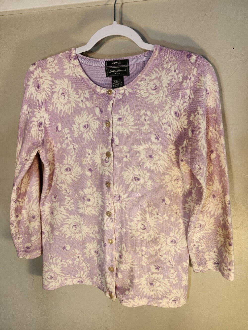 Eddie Bauer Lavender and Cream Floral Button-Up Cardigan